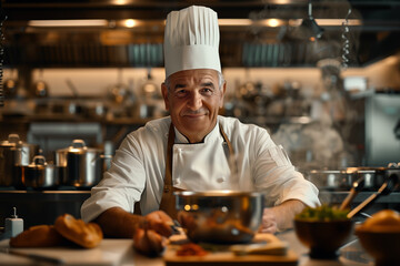 Professional chef wearing a white toque and apron, he is smiling at the camera. There are various dishes on the table.