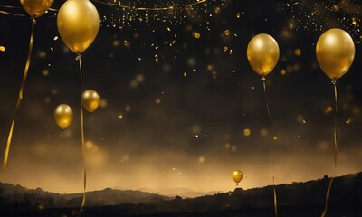 against a black sky with a multitude of golden balloons.