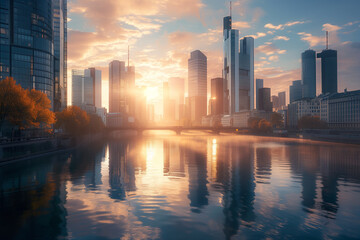 Naklejka premium Golden Sunrise Over a Modern Cityscape with River Reflections, Generative Ai