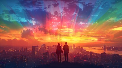 Fototapeta premium Couple Holding Hands with Rainbow City Skyline. Silhouetted couple holding hands, looking at a vibrant rainbow-colored city skyline during sunset, symbolizing love and pride.