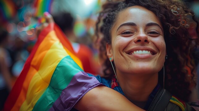 Woman Smiling with Rainbow Flag. Smiling woman with curly hair holding a rainbow flag at a pride event, celebrating diversity and joy in the community.