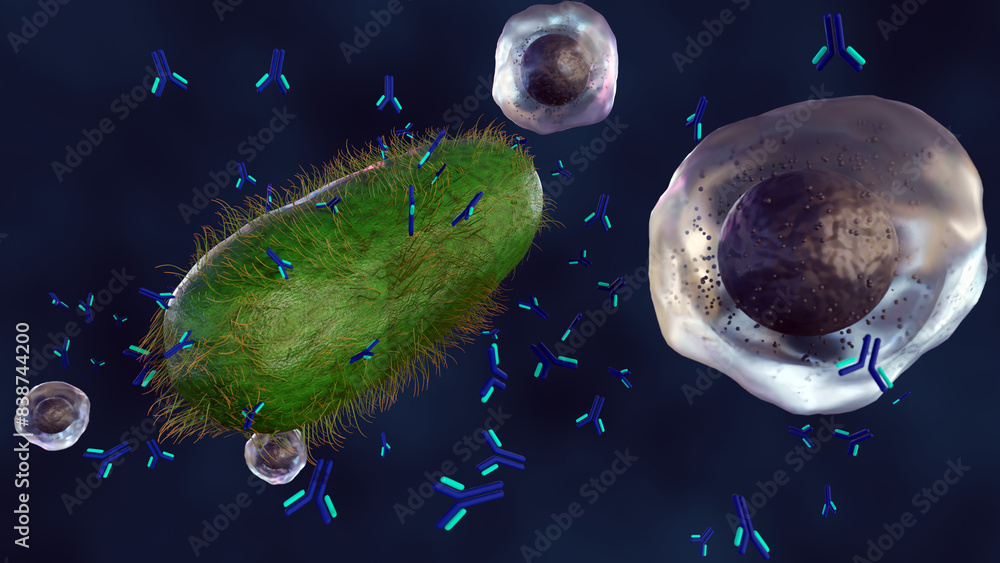 Wall mural 3d rendering of antibody molecules produced by b cells bind outer membrane of bacteria