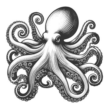 recommend clip art: octopus sea animal food with swirling tentacles and suction cups, in a classic engraving style sketch engraving generative ai raster illustration. Scratch board imitation. Black and white image.