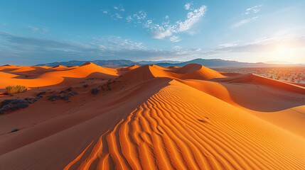 Desert, sun just rising, dunes casting long shadows