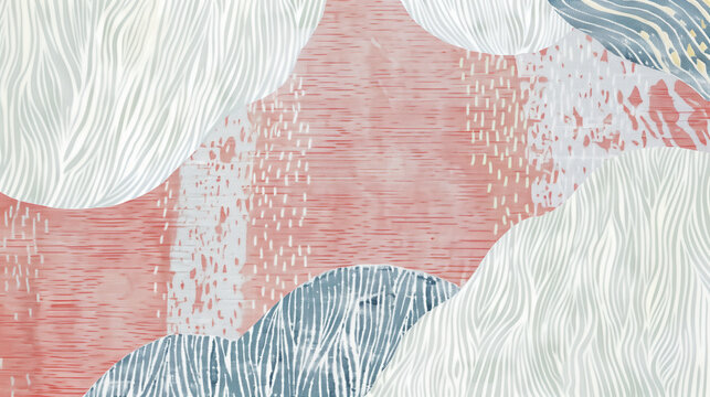 Fond background abstrait, ondulations, vagues, motif point de riz dans le style japonisant japonais, couleur bleu, rose et blanc.	