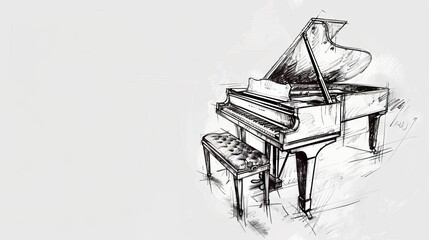 Front-facing piano, hand-drawn and doodled, sketch style with intricate line work, clean white backdrop, whimsical and artistic, inviting and imaginative