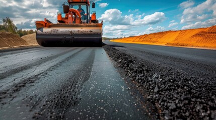 Paver and roller grind fresh asphalt on new highway.