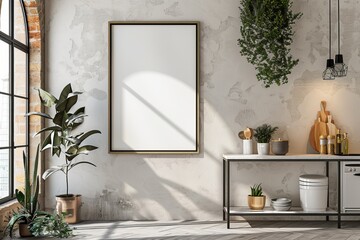 Poster mockup in scandinavian kitchen interior created with generative ai