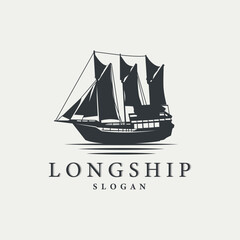 vintage viking longship warship logo traditional ocean sailboat silhouette design