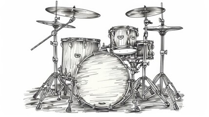 Frontal view of a musical instrument, drum, hand-drawn, doodle style, sketch, isolated on a white background, intricate details, playful lines, whimsical and artistic look