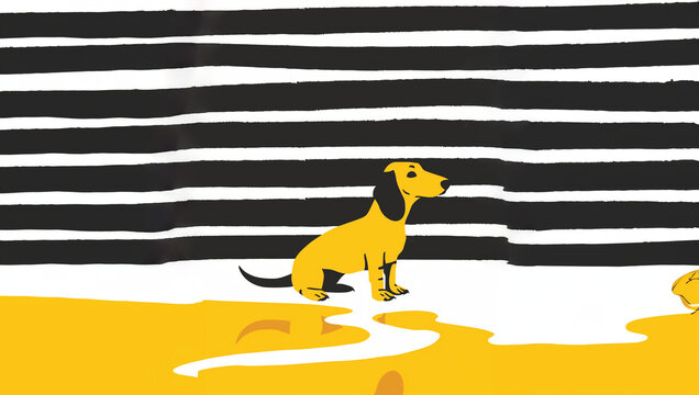 chien race Teckel assit devant une marre d'urine jaune, car il s'est oubli&eacute;. Fond &agrave; rayures noires et blanches avec espace n&eacute;gatif copyspace. Propret&eacute; canine, dressage, civisme