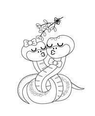 Coloring book. Couple of snakes in love is kissing under mistletoe. Black and white snake. Vector.
