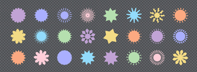 Pastel color blank stickers promo set. Collection of flat starburst, sale or price tag, quality mark design, retro 70s or 80s discount badge, sunray promotional element, vector of hipster badges