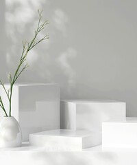 Four modern white geometric cuboid podium, green plant in pot in dappled sunlight, leaf foliage shadow for organic luxury beauty, skincare, cosmetic, body care product display background 3D