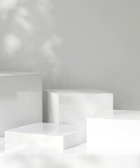 Four modern white geometric cuboid podium in dappled sunlight, leaf foliage shadow for organic...