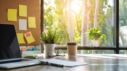 Fototapeta premium Bright and Productive Workspace with Neat Desk, Laptop, and Coffee in Modern Office Setting