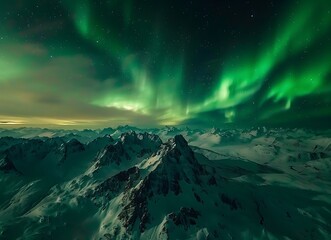 Beautiful northern lights over the snowy mountains in Lofoten, Norway with a dramatic sky and green light effect