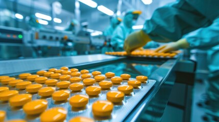 Fototapeta premium Sterile room in a pharmaceutical factory with workers in protective clothing handling tablets --ar 16:9 Job ID: c2e0d525-46db-4fa5-8aa3-2e2392d84638