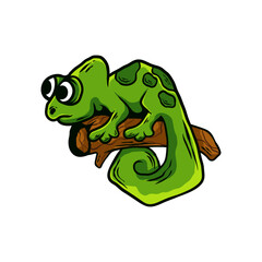 Chameleon sitting on tree branch. Isolated cartoon vector lizard with green skin. Exotic pet, reptile with curvy tail and telescopic eyes. Wild jungle animal, tropical chameleon, master of disguise