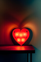 Glowing Red Heart Lamp on Table Against Textured Wall