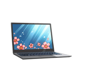 Mock-up, mat&eacute;riel informatique, Laptop &eacute;cran relev&eacute; montrant un fond d'&eacute;cran de fleurs style manga et son clavier sur un fond blanc. Vente r&eacute;paration informatique ordinateur portable