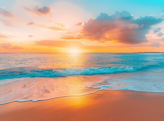 Beautiful sunset on the beach with golden sand and calm sea, colorful sky in orange, pink, 