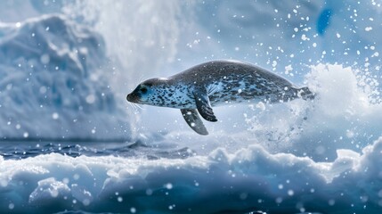 A photograph of a ringed seal, agile and quick, diving into the icy waters of the North Pole, with splashes of water and ice fragments captured in mid-air. The dramatic backdrop of an endless expanse