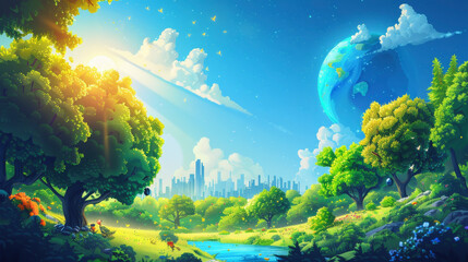 A serene, lush forest meets a futuristic city skyline under an otherworldly sky, blending nature and advanced civilization seamlessly.