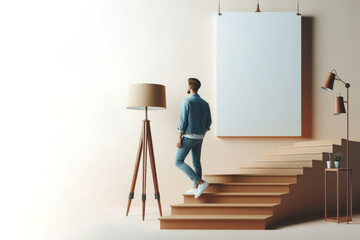 A man standing on a staircase in a room near a clean shield hanging on the wall. Space for text.