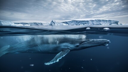 Fototapeta premium A photograph of a blue whale, surfacing in icy waters, seen from a low angle, North Pole. Vast arctic sea with floating icebergs. Crisp, cold lighting with reflections on the water. Created Using: