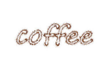 The word coffee is written with scattered powder. Text made from coffee or chocolate powder flying dust particles on white background. Crushed granules of sand or brown cane sugar, vector illustration