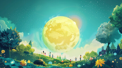Obraz premium Children play in a whimsical, colorful landscape under a giant, glowing moon, surrounded by vibrant flowers, trees, and a sky full of stars.