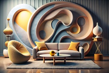 Wall art with curved shapes, modern room, gray sofa, round table