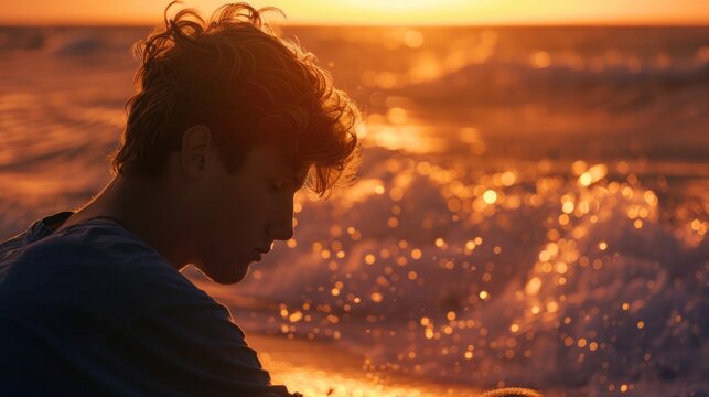 Contemplative Moment by the Ocean at Sunset - Deep Reflection and Serenity with Golden Hour Light and Calm Waves