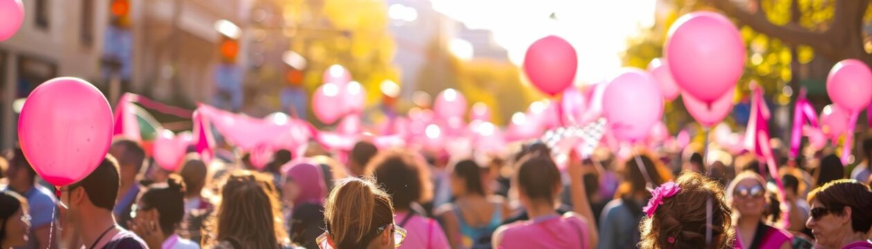 Dynamic photo of a breast cancer awareness march, with participants holding pink banners and balloons, diverse crowd and energetic atmosphere