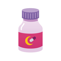 Bottle of sleeping pills. Dormitive tablets. pills for better sleeping. Cartoon illustration, flat design. Cartoon illustration, flat design.