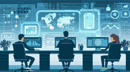 Illustrating data privacy and data protection measures, with cybersecurity experts ensuring secure data practices, focusing on the importance of protecting sensitive information in the digital world