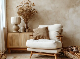 Beige armchair with a brown pillow and elegant sideboard in the style of a contemporary living room interior of a family home