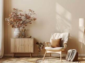 Beige armchair with a brown pillow and elegant sideboard in the style of a contemporary living room interior of a family home