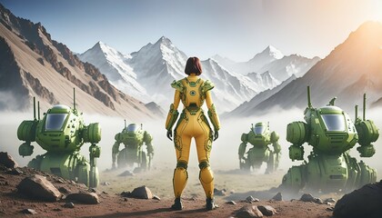 A powerful female figure in a yellow sci-fi suit leads a squad of armored mechs through a mountainous landscape. The image suggests a futuristic conflict, leadership, and advanced technology. 