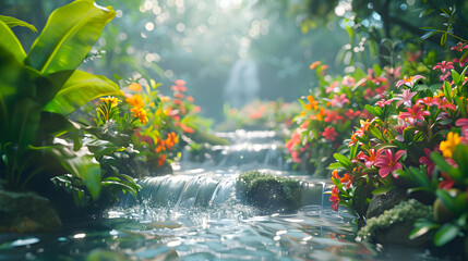 Naklejka premium Beautiful spring detailed stream of fresh water with young green plants 