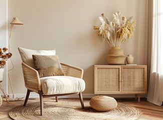 Beige armchair with a brown pillow and elegant sideboard in the style of a contemporary living room interior of a family home