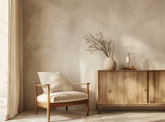 Beige armchair with pillow in a cozy home interior of a living room by a warm beige wall, elegant personal accessories and a modern wooden sideboard cabinet