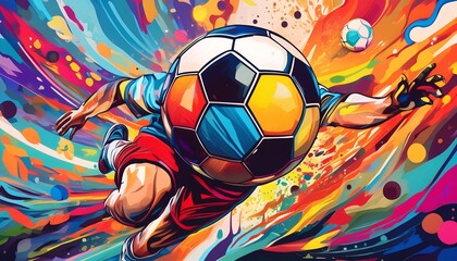 A vibrant digital illustration of a soccer player in dynamic action, with a colorful soccer ball and explosive background. 
