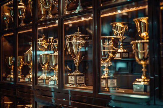 Glass shelves inside a wood cabinet showcase a collection of gleaming golden trophies