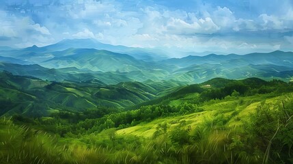 Naklejka premium Panoramic view of a serene mountain landscape, lush green valleys, clear blue sky, oil painting style, rich textures, warm and inviting colors, capturing the peacefulness of nature