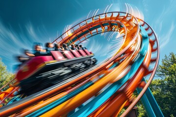 A dynamic image of a colorful roller coaster speeding along its tracks against a backdrop of clear blue skies and lush greenery, capturing the exhilarating thrills of summer amusement park adventures.