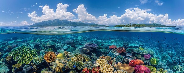 A breathtaking aerial view of a colorful coral reef teeming with vibrant marine life, set against the backdrop of crystal-clear turquoise waters and endless blue skies, showcasing the beauty and © Achirawee