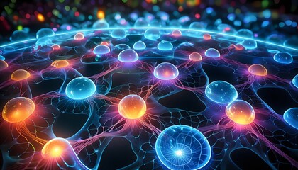 Obraz premium A vibrant and abstract illustration of a neural network with interconnected nodes and glowing pathways. 