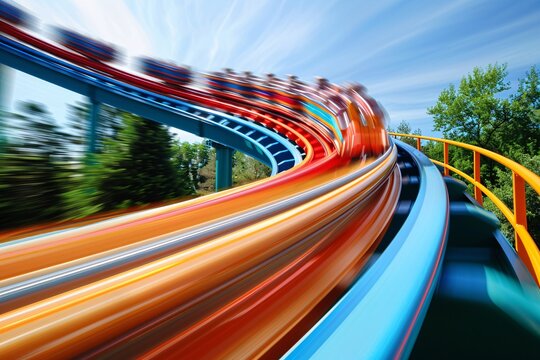 A dynamic image of a colorful roller coaster speeding along its tracks against a backdrop of clear blue skies and lush greenery, capturing the exhilarating thrills of summer amusement park adventures.